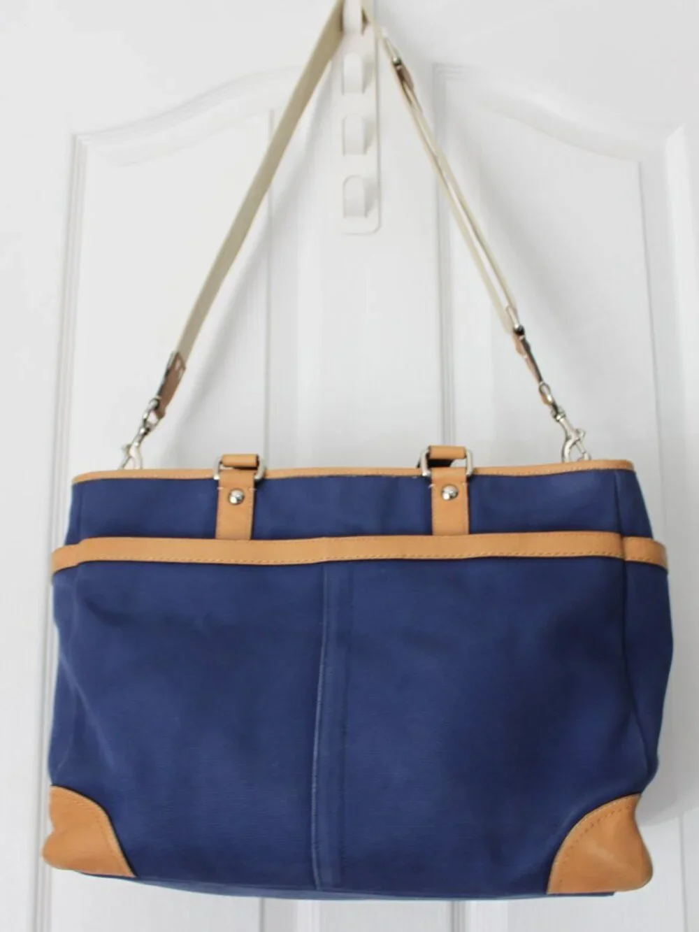 Coach Navy Blue Canvas Diaper Bag - Tan Leather Trim - Changing Pad Included 🍼⚓